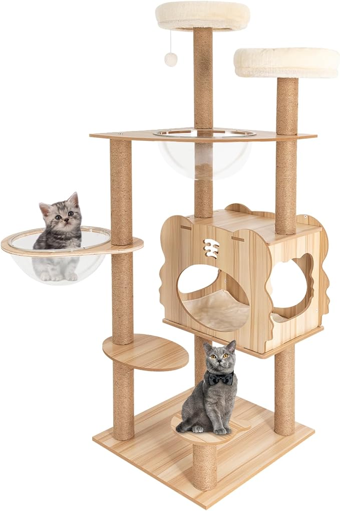 54in Cat Tree, Cat Tower for Indoor Cats, Cat Tree Tower with Scratching Post, Cat Condo, Space Capsules and Play Balls, Multi-Level Cat Climbing Tower for Large Cat, Load to 33 Lbs