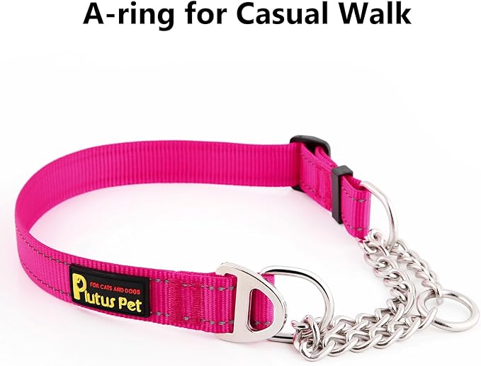 Plutus Pet Martingale Dog Collar with Stainless Steel Chain and Reflective Nylon, Adjustable No Pull Training Collar, for Small Medium, and Large Dogs, Hot Pink, M