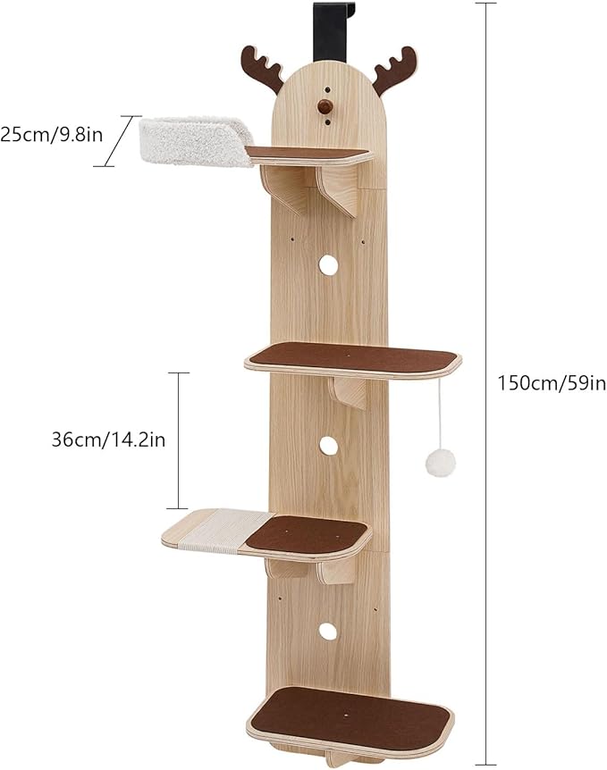 Door Hanging Cat Tree 4 Tier, Wooden Door Mounted Vertical Cat Climbing Scratching Frame 4.92ft Height 9.8in Width Space Saving Cats Shelf 20-25kg Load (Light Wood + Brown)