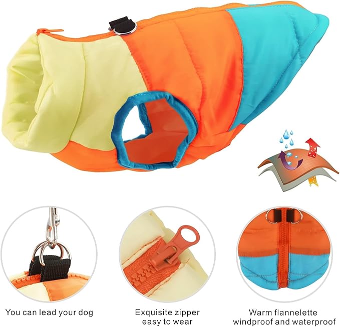 Idepet Pet Dog Cat Coat with Leash Anchor Color Patchwork Padded Puppy Vest Jacket Teddy Chihuahua Costumes Pug Cloth XS S M L(XX-Large,Sky Blue)