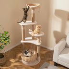 Tangkula Modern Cat Tree, 65 Inch Tall Cat Tower with Jute Scratching Posts, Dangling Balls, Cattail Basket Bed & Top Perch, Removable & Washable Cushions, Aesthetic Cat Tree for Indoor Cats