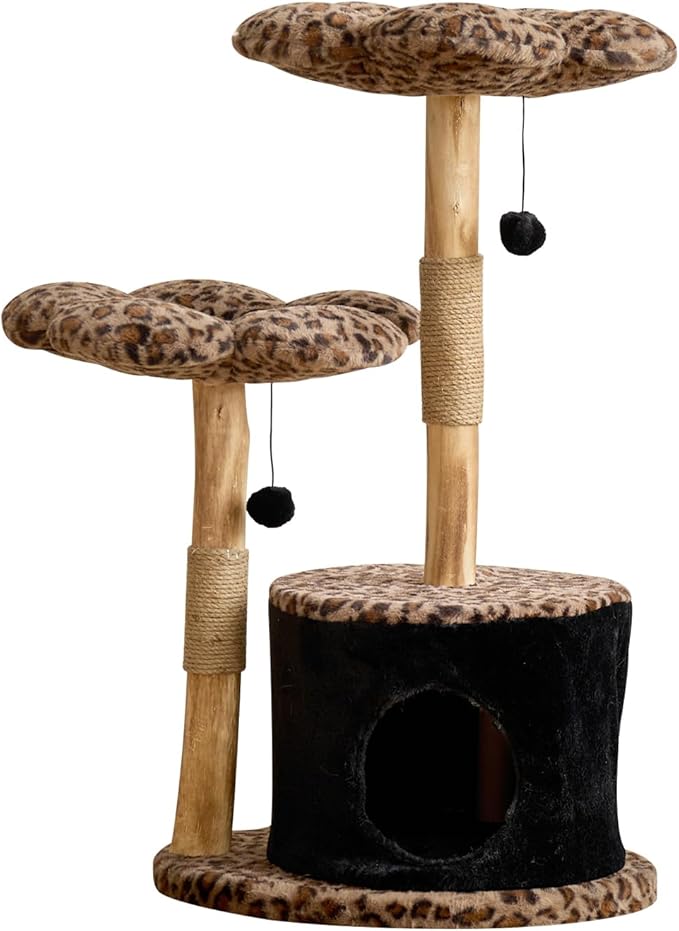 Modern Floral Cat Tree Tower with Real Wood Branch| Multi-Level Cat Tower with Scratching Posts | Cute Aesthetic cat Tree with Luxury cat condo for Indoor Cats (Leopard Flora)