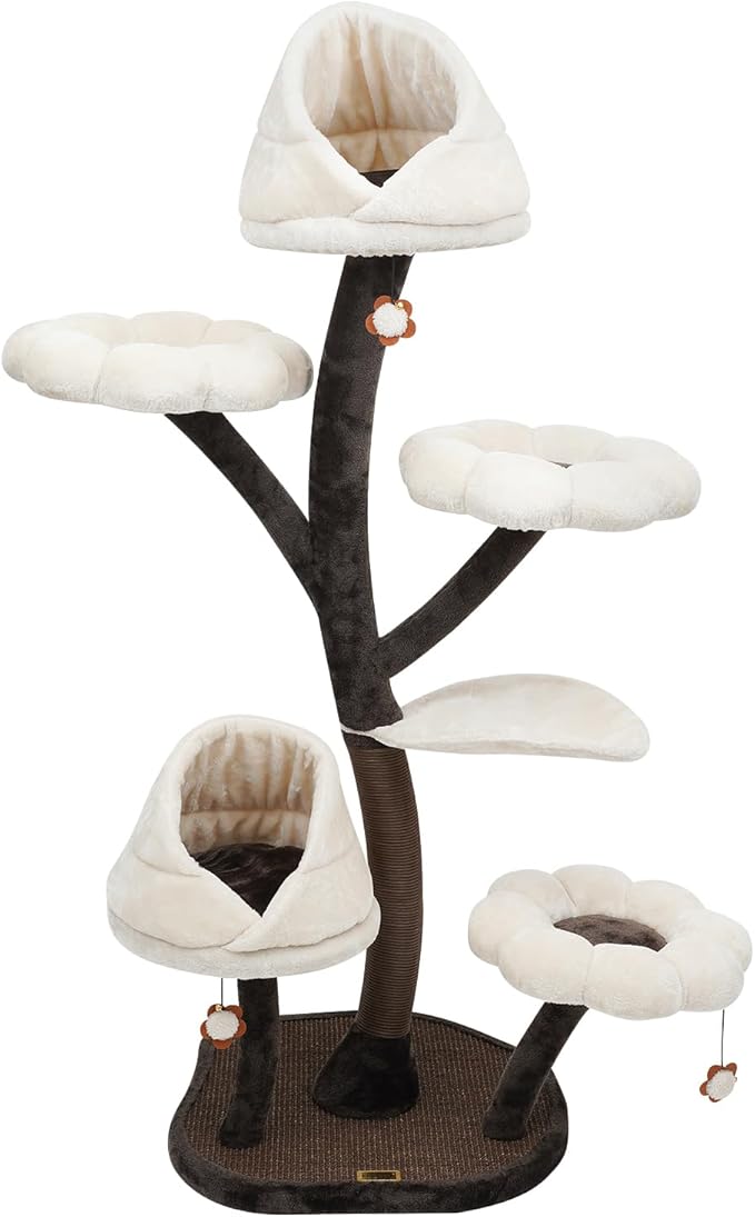 Tall Modern Cat Tree - 64 Inch Multi-Level Cat Tower with Resting Platforms & Scratching Posts for Large & Small Cats Climbing Flower Shaped Kitten Activity Center Playground