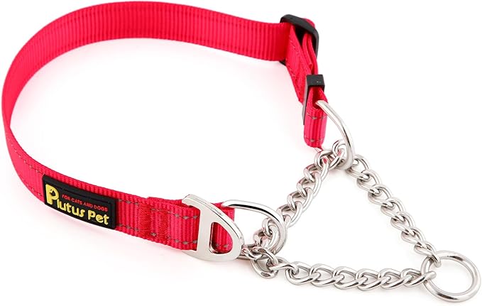 Plutus Pet Martingale Dog Collar with Stainless Steel Chain and Reflective Nylon, Adjustable No Pull Training Collar, for Small Medium, and Large Dogs, Red, M