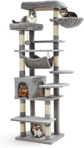 Cat Tree for Large Cats 67 Inches,Multi-Level Cat Tower with Scratching Posts, Condo, Perches, Hammock, Tunnel & Feeding Station,Light Gray