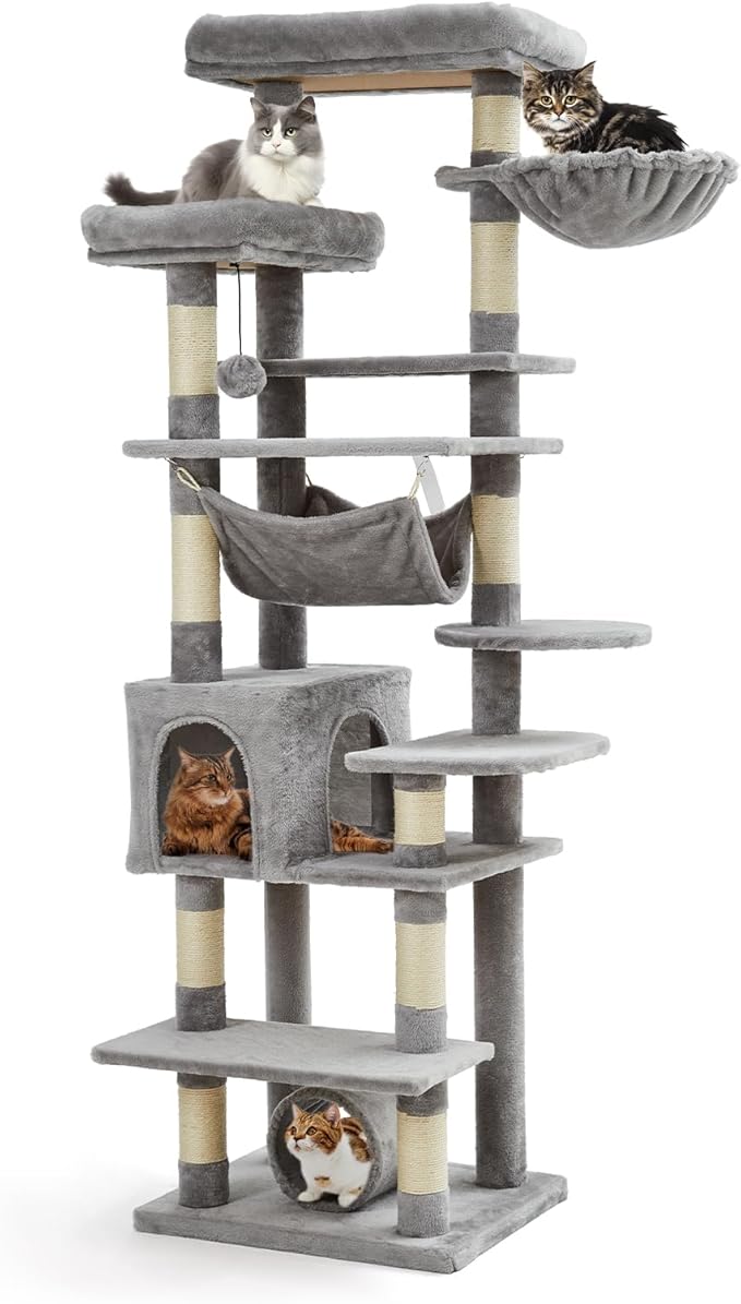 Cat Tree for Large Cats 67 Inches,Multi-Level Cat Tower with Scratching Posts, Condo, Perches, Hammock, Tunnel & Feeding Station,Light Gray
