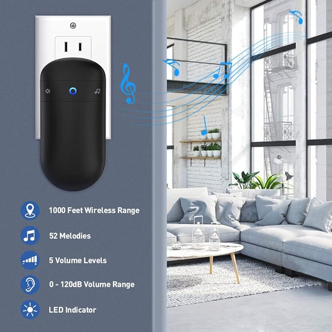 SECRUI Wireless Doorbell with 2 Buttons – Doorbell Kits for Front Door Back Door– Battery Operated Doorbell with 52 Chimes, LED Flash, 5 Volume Levels – Waterproof Modern Doorbell – Over 1000FT