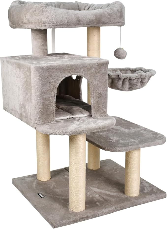 43-in Heavy-Duty Cat Tree for Large Cats, Multi-Level Tower with Sisal Scratching Posts, Plush Perch, Hammock & Condo Anti-Tip Design
