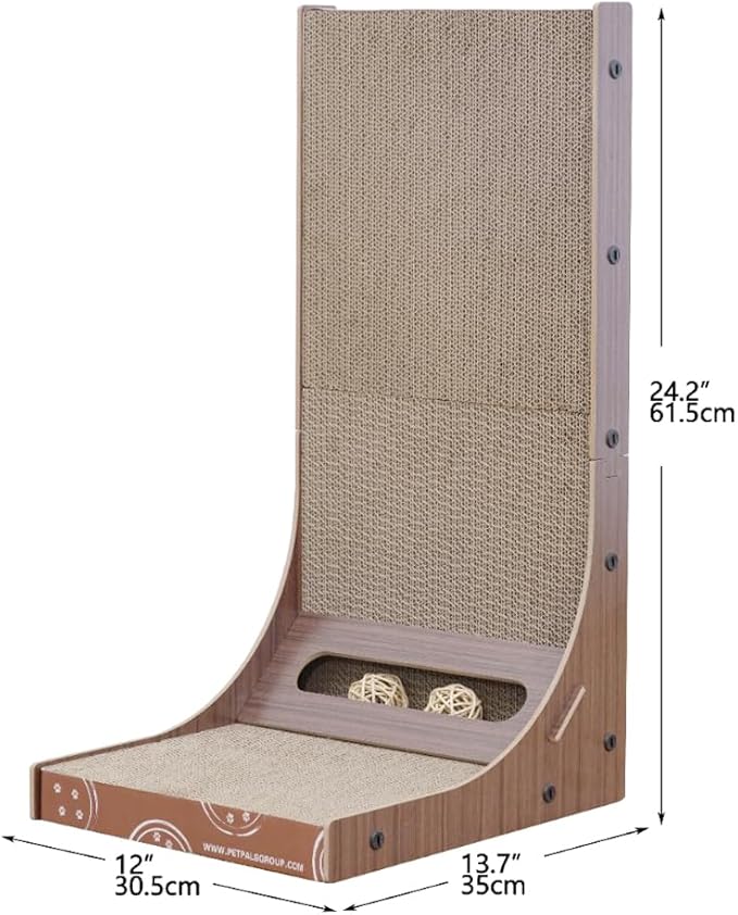 Petpals Cardboard Cat Scratching Pad, 24" Double Side L Shaped Corrugate Cardboard Scratching Pad, Couch Sofa Protector Scratcher,Cat Scratcher with Rattan Ball Toys.