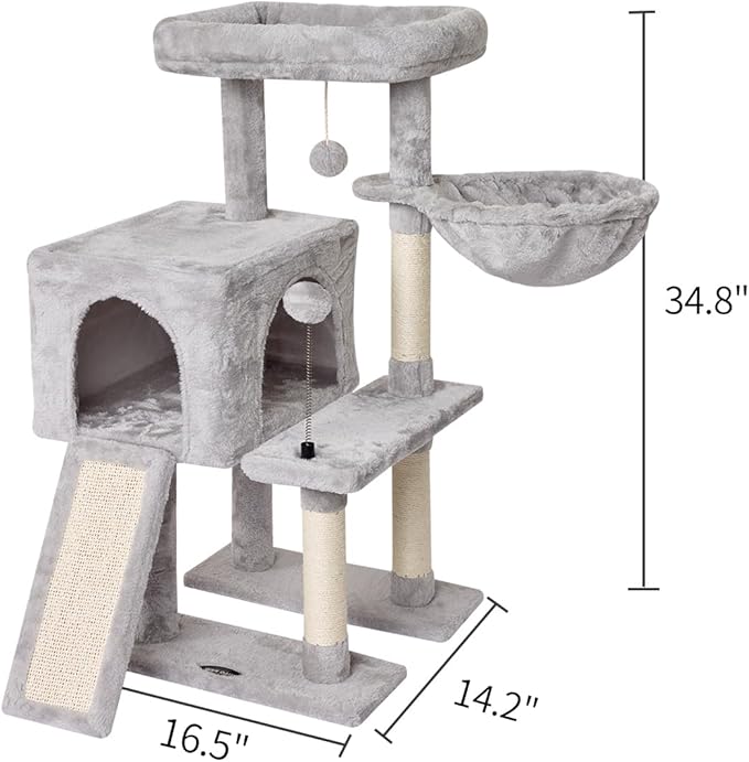 MIAO PAW Grey Cute Cat Tree Tower for Indoor Cats Condo with Sisal Scratching Posts Jump Platform Furniture Activity Center Play House Bed