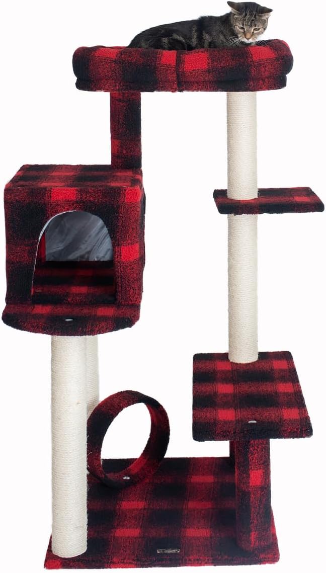 Cat Tree - 50" Plaid Cat Condo with Scratching Posts, Lounger & Veranda
