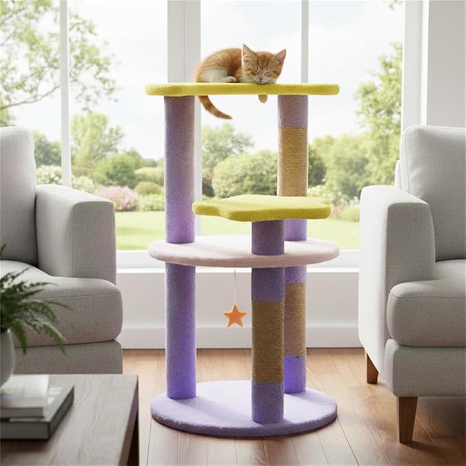 Moon & Star Themed Cat Tree Tower, 29" Tall, Cute Cat Tree for Indoor Cats, 4-Tier Cat Tree Tower for Indoor Cats with Jute Scratching Posts (Purple)