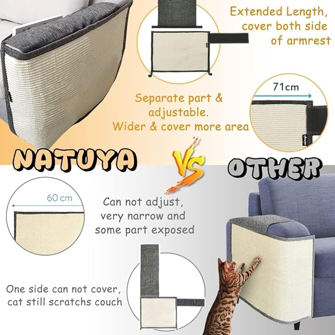 NATUYA Cat Scratch Furniture Couch Protector - Large Sisal Cat Scratching Pad Sofa Corner Arm Shield, Cat Scratcher for Sofa (All Gray, Right)