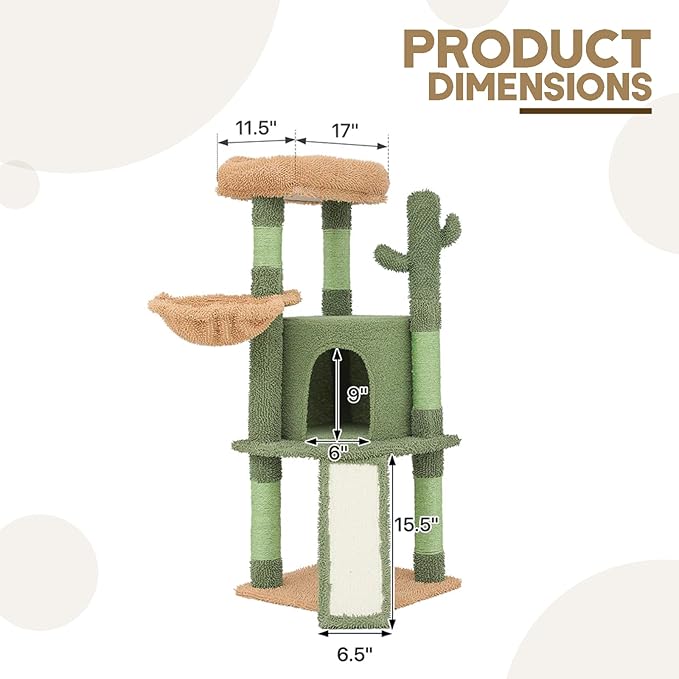 42" Cactus Cat Tree with Sisal Scratching Ramp, Cats Tower with Cozy Condos, Hammockand, Bed Perch Activity Center for Kittens to Adults Cats, for Living Room, Bedroom, Apartments, Green