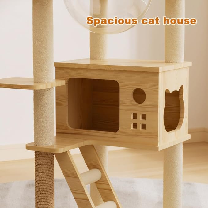 48.8 Inch Modern Cat Tower, Durable Wood Cat Tree with Sisal Scratching Posts, Top Perch & Acrylic Hammock, Wooden Natural White Design for Indoor Cats