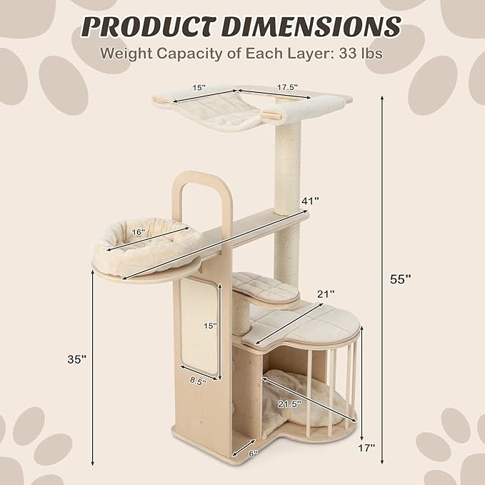 PETSITE 55" Tall Cat Tree, Multi-Layer Wooden Cat Tower with Hammock, Condo, Plush Perch, Self Groomer, Scratching Posts, Cat Climbing Stand Activity Center Furniture for Kitten & Adult Cats
