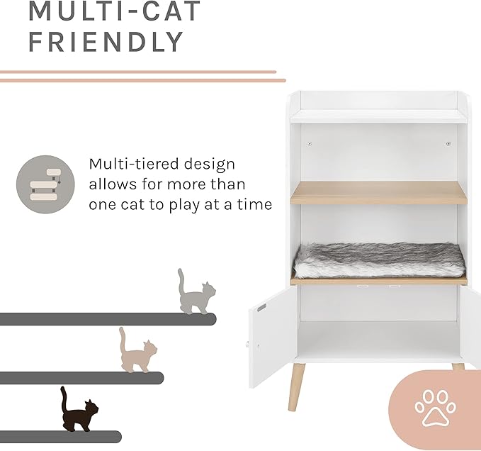 Sam's Pets Becky 39" Single Rest Cat Tree, White - Drawer, Bookshelf, Multi-Use, Soft Fur Cushion, Elevated Wooden Legs