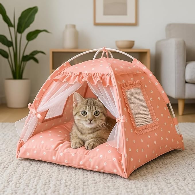 Pawstrip Dog Tent Indoor Cat House Pink Puppy Bed Portable Pet Teepe Princess Dog Camping Tent Outdoor Kitten Houses Cute Bunny Nest Girl Kitty Cave, Small (13.8" x 13.8" x 11.8")