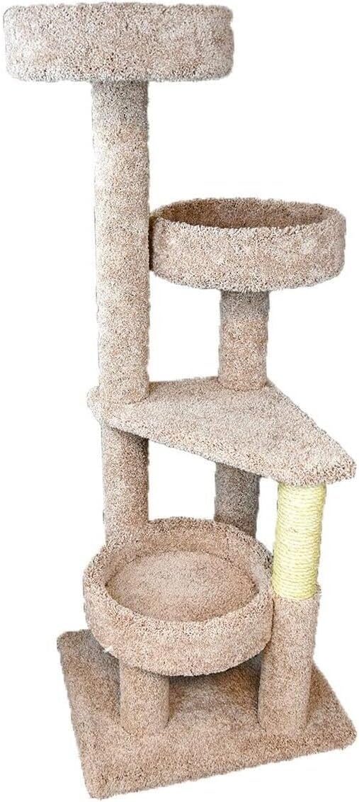 Maykoosh Rustic Recluse Large Cat Tower with Easy to Access Spacious Perches, Carpet Upholstered Cat Tree for All Cat Breeds, Multi-Perch Cat Tree with Sisal Rope Scratch Post Taupe/Neutral