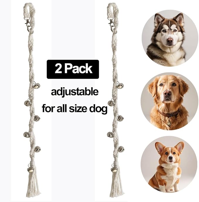 Dog Door Bell to Go Outside Puppy door bells for potty training Adjustable Puppy Doorbell, Outdoor or Indoor Dog Bells for Large and Small Dogs Handmade Boho Dog Bell Beige (Silver bell, 2 Pack)