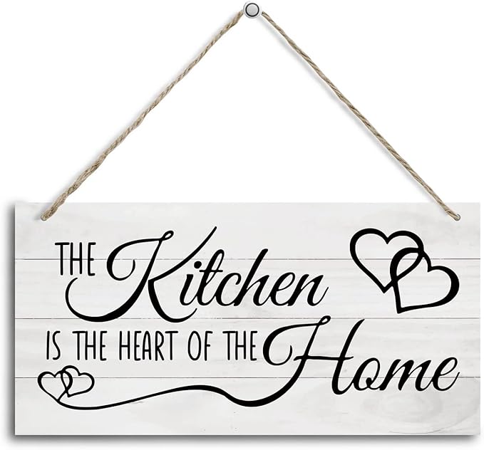 Kitchen Wood Decor Sign, The Kitchen Is the Heart of the Home, Hanging Printed Wooden Plaque Décor, Rustic Farmhouse Home Wall Decor for Kitchen, Dining Room Decoration 12x 6inch