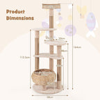 PETSITE 65-inch Cattail Cat Tree Tower, Multi-Level Cat Tower with Natural Jute Scratching Posts, Cat Bed, Top Perch, Dangling Balls and Jumping Platforms, Modern Tall Cat Tree for Indoor Cats
