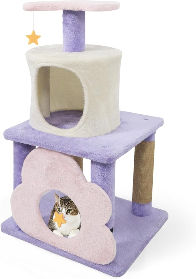 Tangkula Cute Cat Tree, 31.5 Inch Multi-Level Cat Tower with Jute Scratching Posts, Condo, Top Perch, Hanging Toy, Moon & Star & Cloud-Shaped Accents for Indoor Cats (Purple+Pink+White)