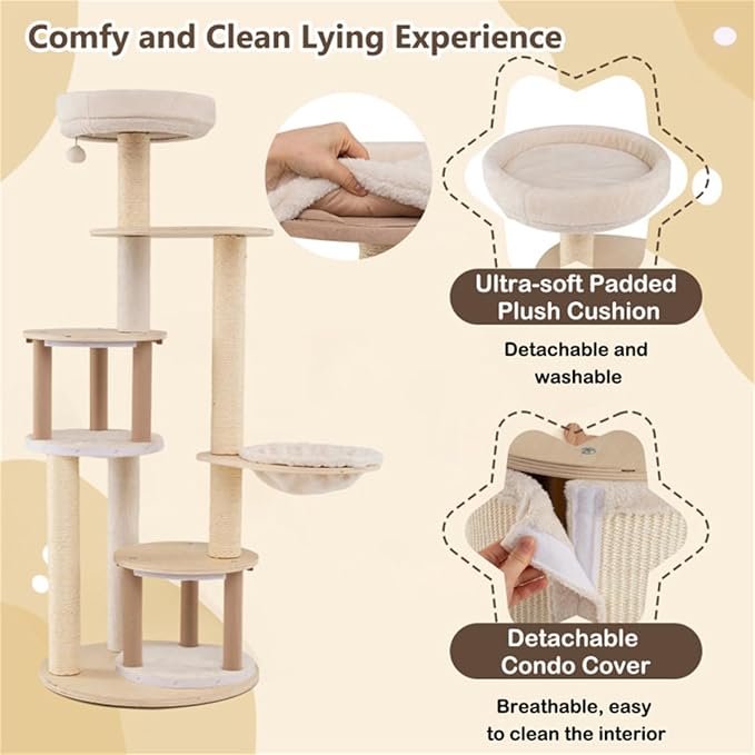 60" Tall Wood Cat Tree Tower with 2 Condos & Top Perch, Cat Tree for Indoor Cats Large Adult, Modern Cat Tree Tower for Large Cats with Sisal Scratching Posts
