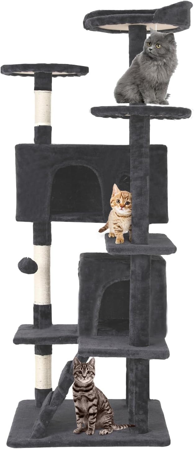 54in Cat Tree Tower for Indoor Cats, Cat Tower with Cat Scratching Post, Multi-Level Cat Furniture, Cat Tower with Funny Toys for Kittens-Dark Gray