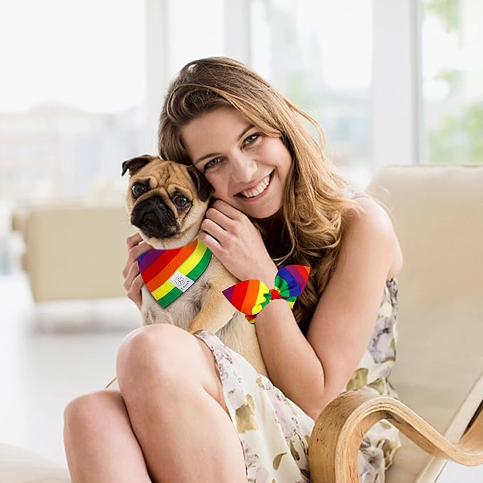 E-Clover Pride Dog Bandanas & Matching Scrunchie Set Rainbow Dog Bandana Scarf with Hair Tie for Medium Large Dogs Pet Owner Mom Gifts