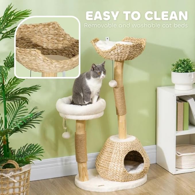Cat Tree for Indoor Cats with Wooden Scratching Posts, Cat Condo, Washable Cat Beds & Toy Balls – Natural Cat Tower for Small Cats