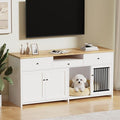 78" Double Door Dog Crate Furniture TV Stand, Heavy Duty Wooden Dog Kennel with 3 Drawers & 2 Cabinets, Extra Large Indoor Dog Cage for Medium/Large Dogs, White