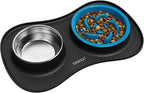 Slow Feeder Dog Bowls Stainless Steel Food and Water Bowl Set 3 in 1 No Spill Waterproof Silicone Pet Food Mat Puppy Feeding Station for Large Medium Small Breed Non Slip Metal Dish Tray by YINEYA