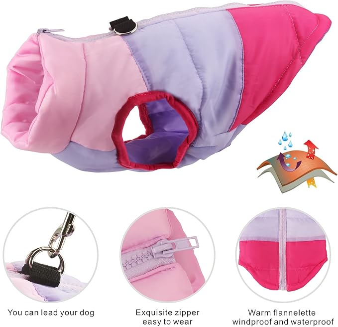 Idepet Pet Dog Cat Coat with Leash Anchor Color Patchwork Padded Puppy Vest Jacket Teddy Chihuahua Costumes Pug Cloth XS S M L (Medium (Pack of 1), Rose Red)