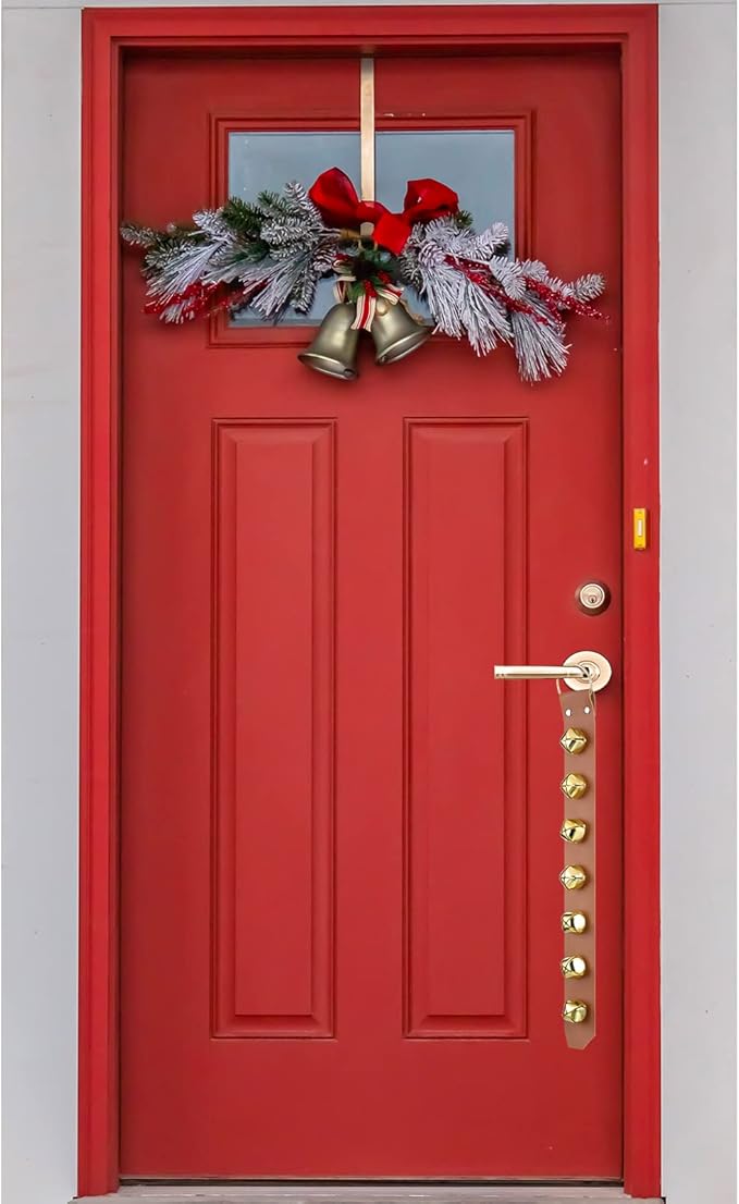 Frienda Hanging Jingle Sleigh Bells 7-Bell Dog Doorbells for Door Knob Faux Leather Belts Go Outside Dog Bells Christmas Decor and Holiday Decorations, 18.7 x 1.8 x 1 Inches(Light Brown with Gold)