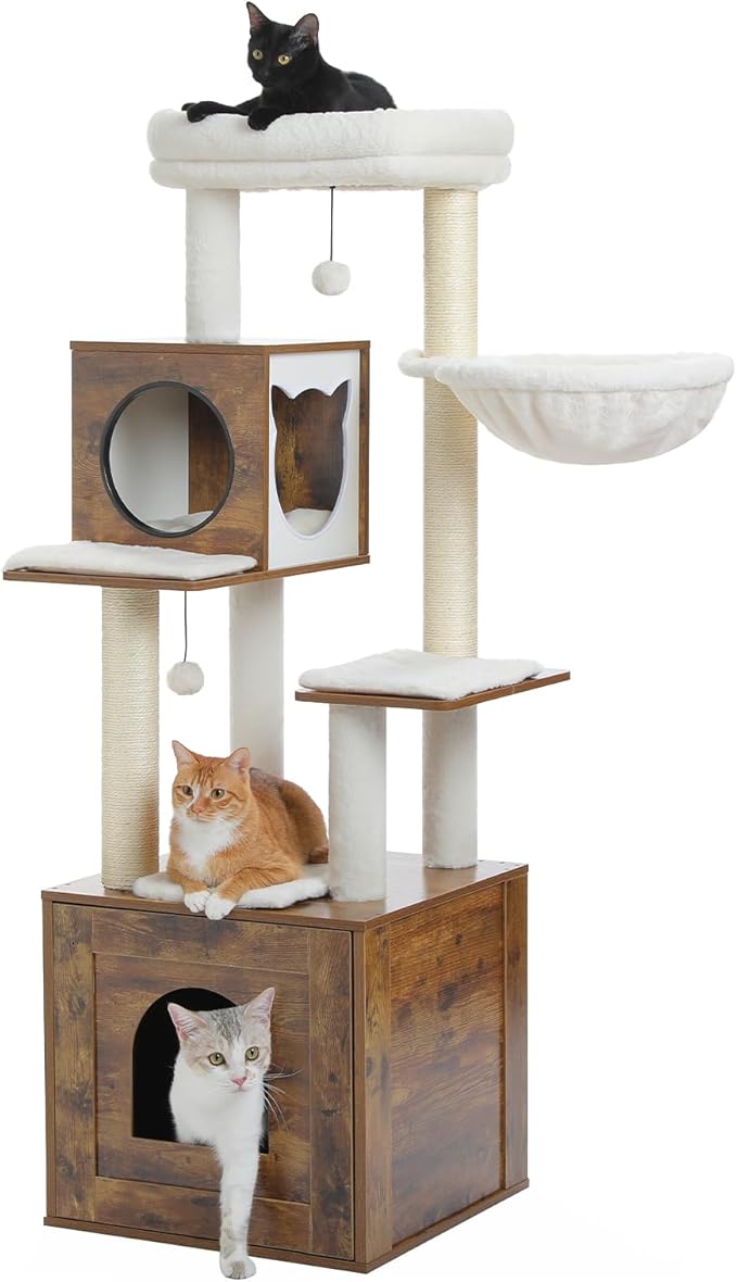 PETEPELA Cat Tree with Litter Box Enclosure, 2-in-1 Wood Cat Tower for Indoor Large Cats, 57.5'' Cat Condo with Scratching Posts, Cozy Hammock and Repalcable Dangling Balls, Brown