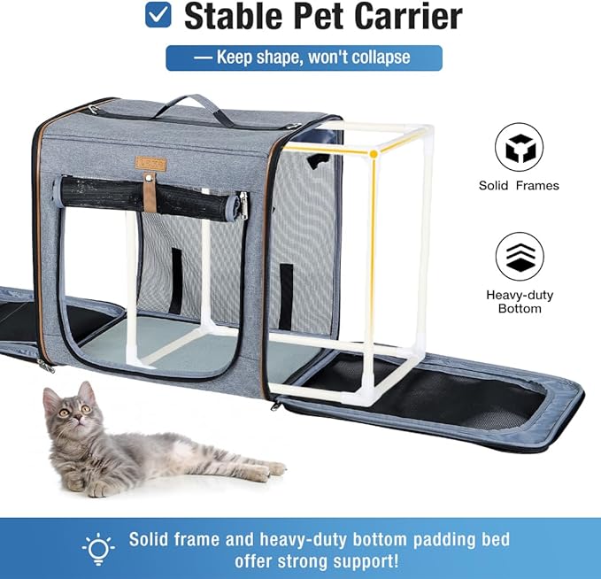 Lekereise Large Cat Carrier for 2 Cats, 2-in-1 Cat Travel Carrier with Litter Box, (17.7" x2) x16.5"x13" Pet Carrier with Zipper Locks for Moving Across The Country (No Hammock) - Grey