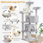 56-Inch Multi-Level Cat Tree Tower for Indoor Cats with 2 Condos, Scratching Posts & Hanging Toys – Large Cat Activity Center Furniture, Light Gray