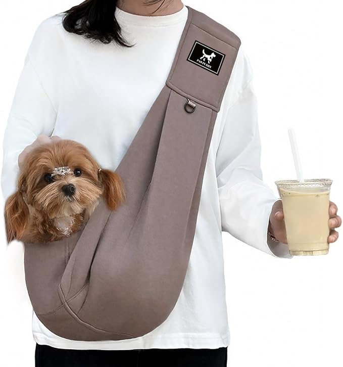 Dog Sling Carrier for Small Dogs up to 15 lbs - Hands Free Puppy Sling (Size M) - Ergonomic Padded Strap & Safety Hook Based on Owner's Bust, Caramel