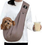 Dog Sling Carrier for Small Dogs up to 15 lbs - Hands Free Puppy Sling (Size M) - Ergonomic Padded Strap & Safety Hook Based on Owner's Bust, Caramel