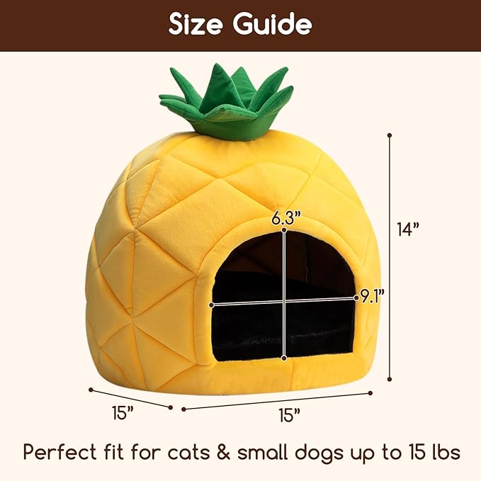 Hollypet Cat Bed Self-Warming Kitty Cave Hut House Nest Pet Sleeping Bed for Indoor Cats, Yellow, Pineapple Cave