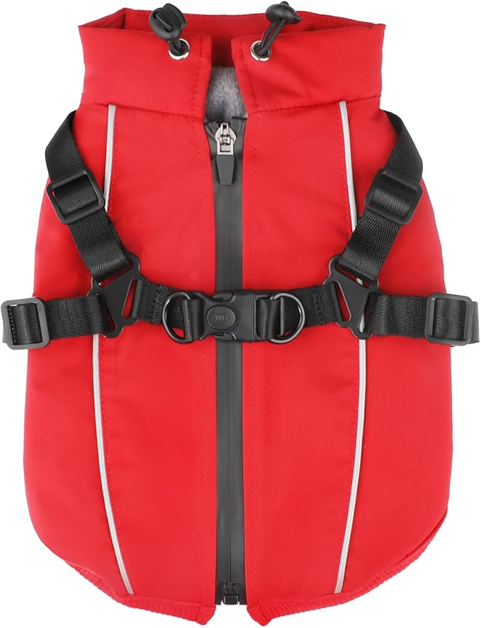 Dog Winter Coat Reflective Water-Resistant Jacket, Fleece Lined Windproof Puppy Coat with Back Zipper & D-Ring, Cold Weather Dog Coats for Small Medium Dogs (M, Red)