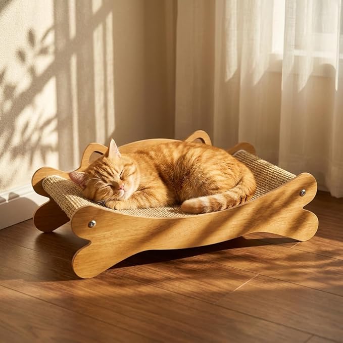 Cat Scratcher Bed for Indoor Cats - Summer Cool Hammock, 23.2″ Large Scratching Lounge with 40 lbs Weight Capacity, Wooden Modern Cat Scratching Post & Pad Furniture