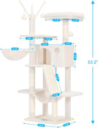 Hey-brother Cat Tree, 53 inch Cat Tower for Indoor Cats, Cat House with Padded Platform Bed, Toy Balls, Large Cozy Condo, Hammocks and Sisal Scratching Posts, Beige MPJ019-SM