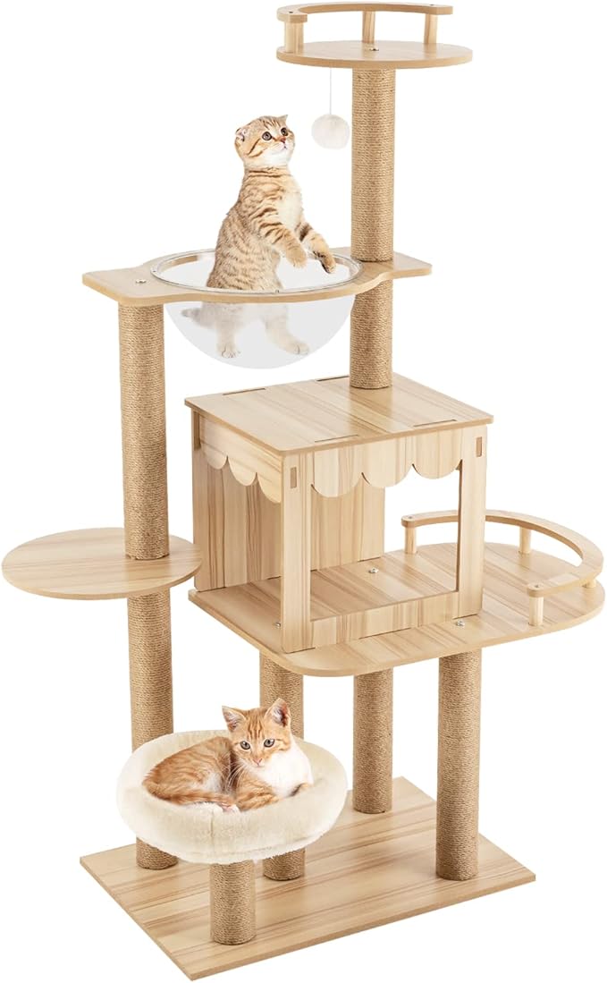 TFCFL Cat Tree Tower, 52" Tall Modern Cat Condo with Scratching Post, Cat Climbing Tower House for Indoor Cats, 33.1LBS Capacity (Wood)