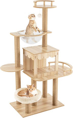 Cat Tree - 52 -Inch Modern MDF Luxury Wooden Cat Tower for Indoor Cats, Multi-Level Houses for Large Cats with Scratching Posts, Wood