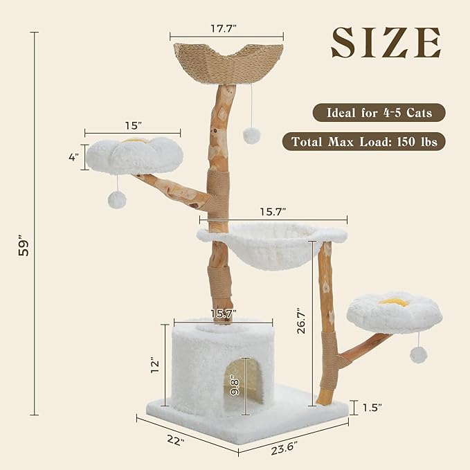 Cat Tree for Indoor Cats Large Adults, 59 Inches Modern Cat Tower with Large Basket and Hammock, Natural Solid Wood, Luxury Condo & Dual Perches, Modern Cat Furniture for Big Cats, White