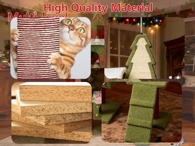 Cat Tree Tower for Indoor Cats, 52.4L x 13.4W x 74.5H Inches, All Breed Sizes, Climbing and Cuddling, Particle Board, Floor Mount, Christmas