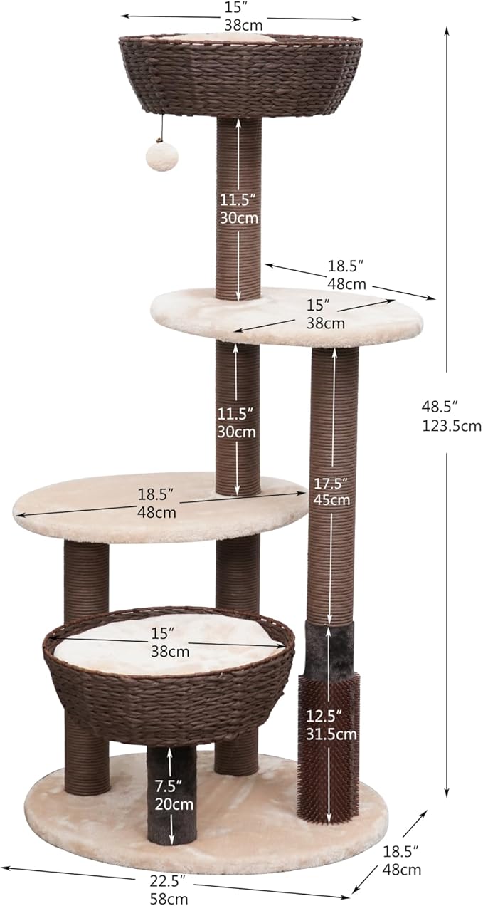 PetPals 49" High 5-Level Large Cat Tree with Replaceable Recycled Paper Rope Scratching Posts, Plush Cushions, Handwoven Basket and nest for Multi Cats, Brown and Beige