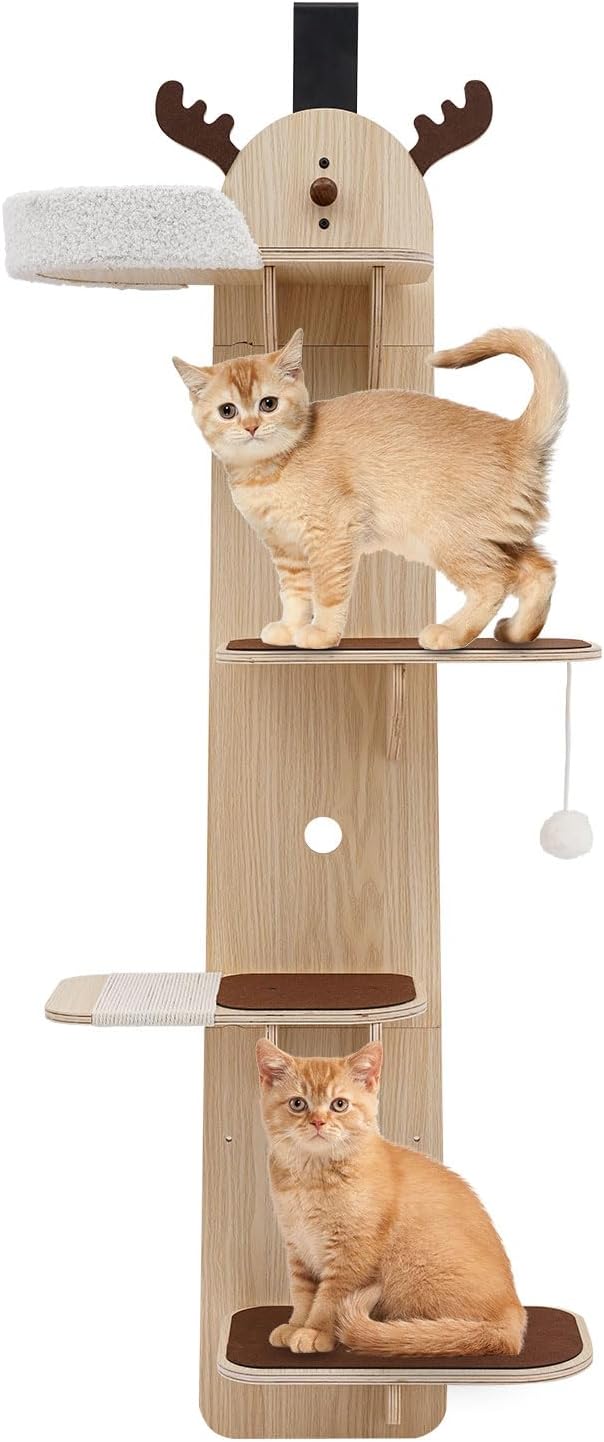 Door Hanging Cat Tree, 4-Tier Cat Climbing Frame W/Plush Ball,4.9ft Wooden Cat Ladde, 55lb Load Capacity & Sisal-Wrapped Scratching Board for Stair, Foyer, Living Room, Enclosed Balcony. (Frame)